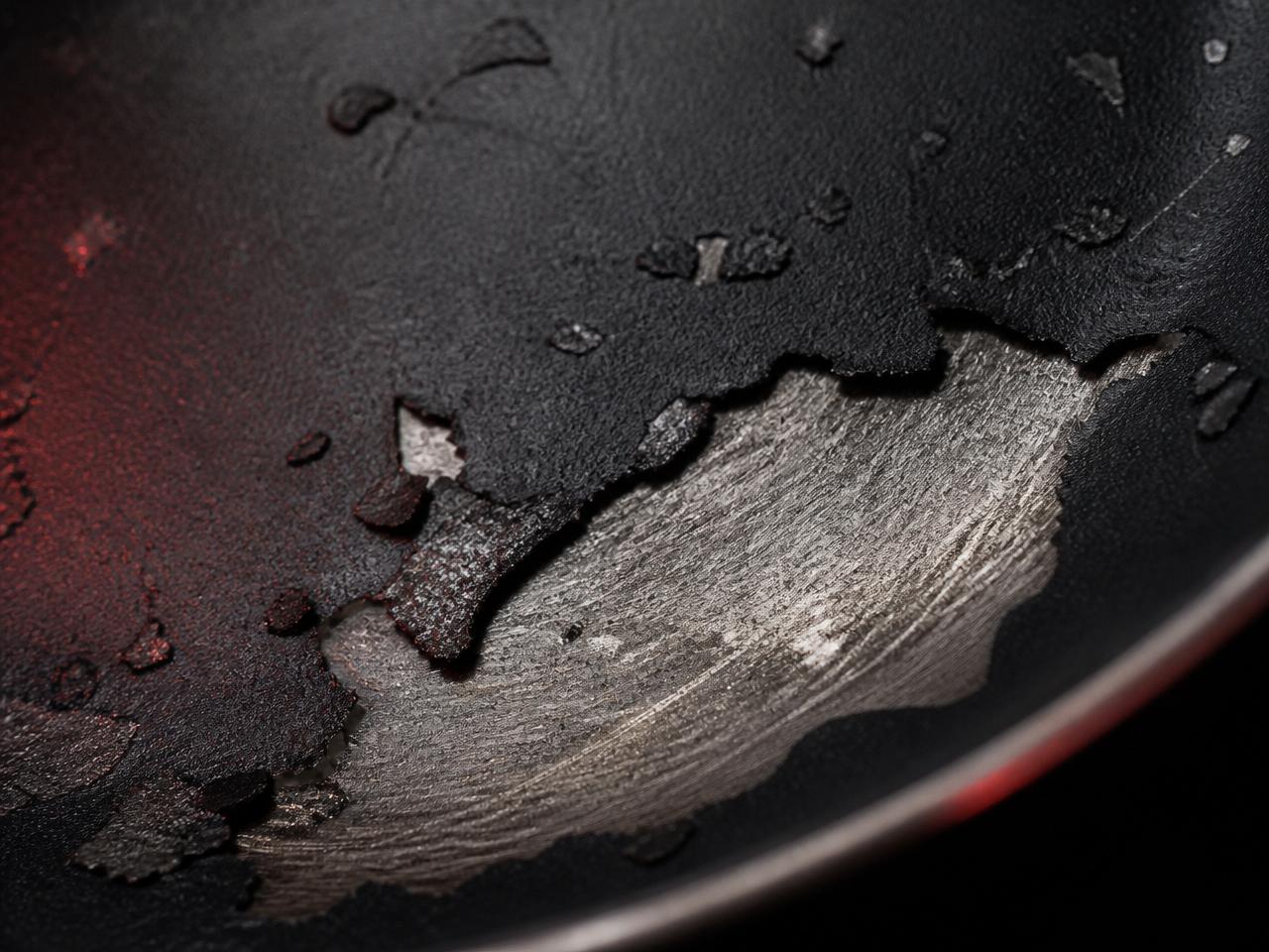 Damaged PTFE non-stick coating flaking off